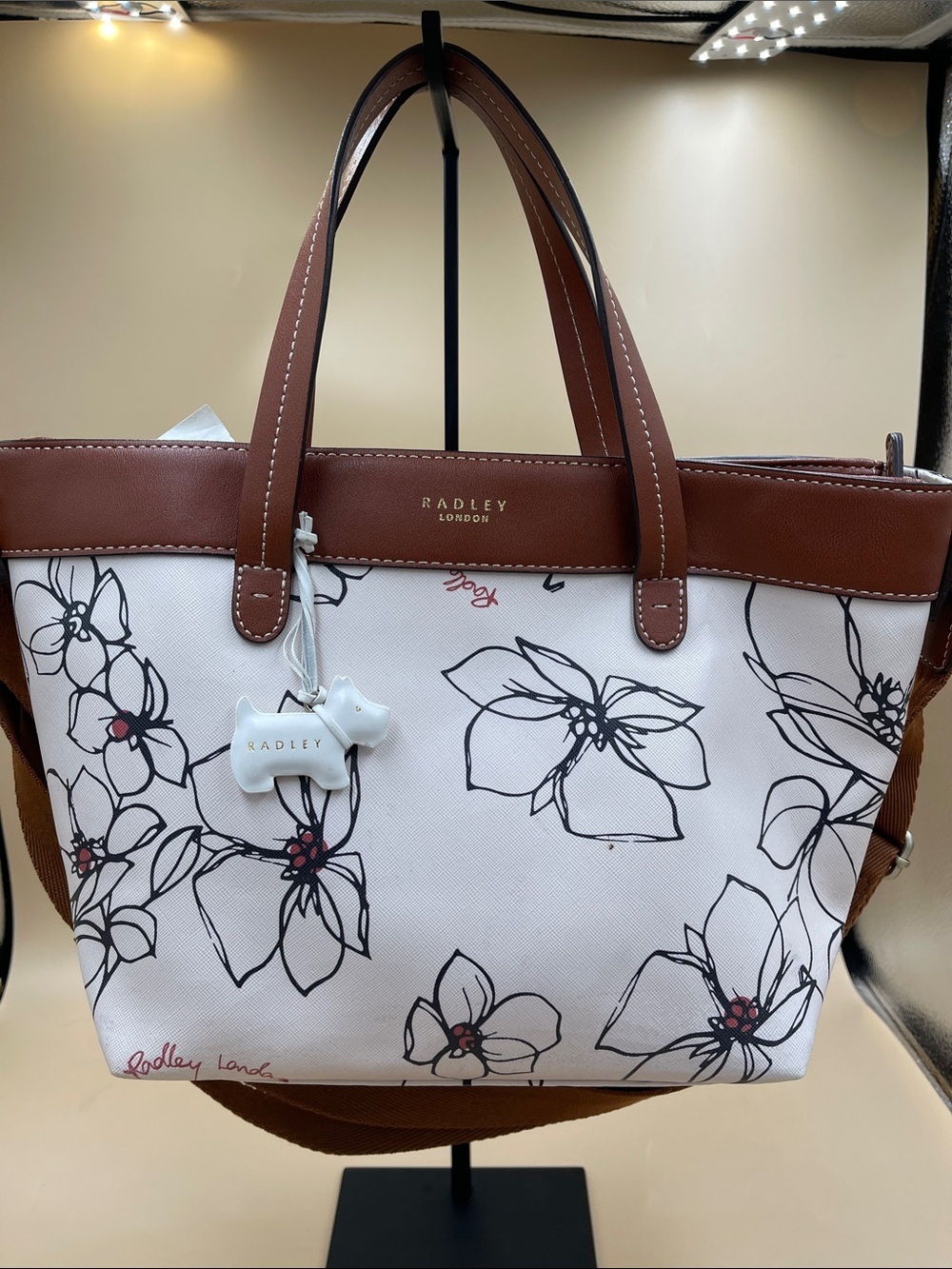 RADLEY LONDON White Floral Tote with Brown Trim